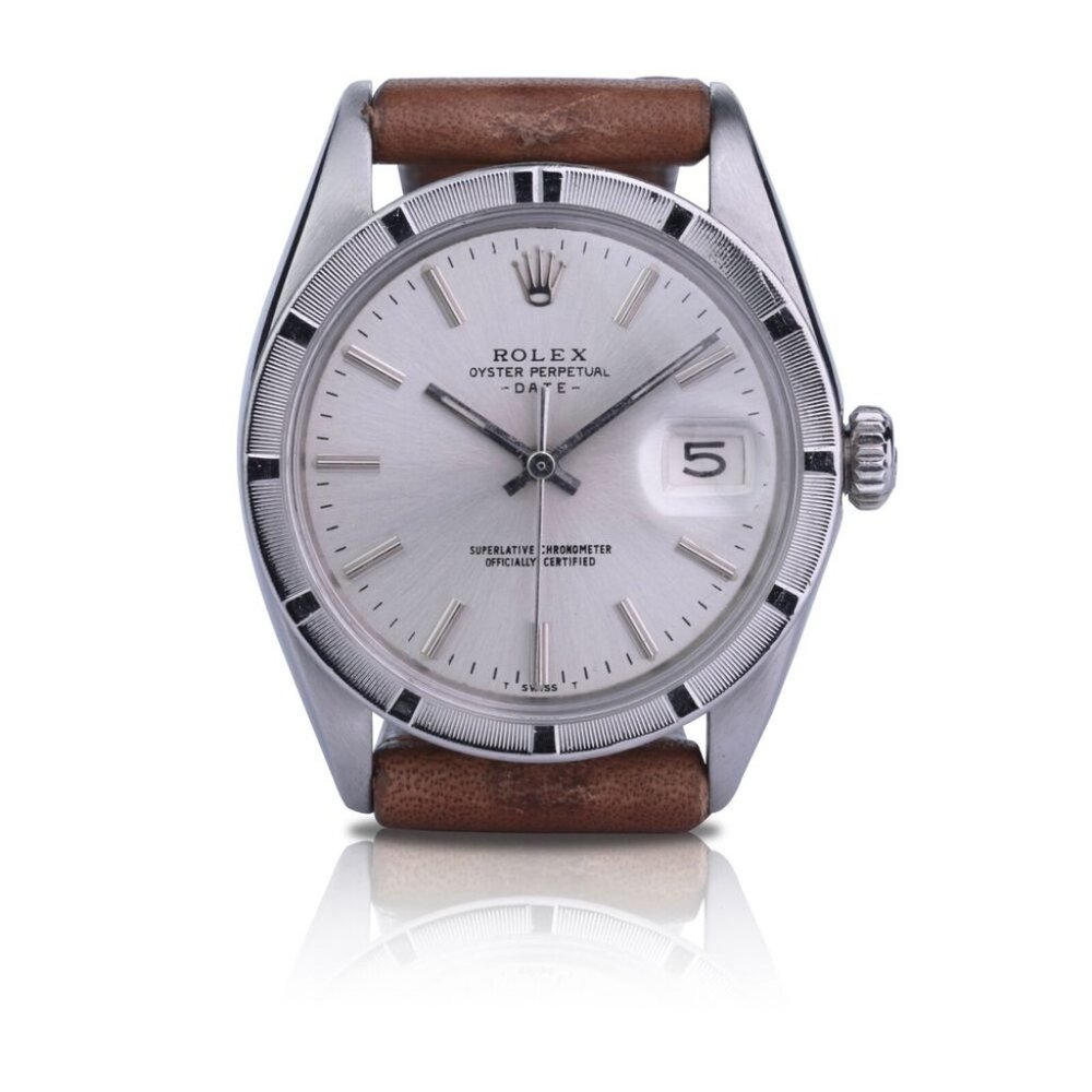 Rolex Date Unisex Silver Index Dial EngineTurned Brown Leather Watch 34 Mm 1500